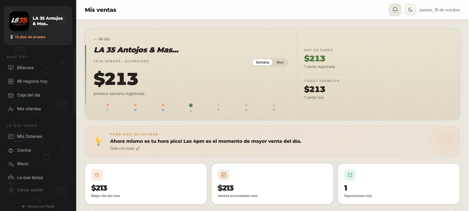 Pantalla Mis ventas de LA 35 con 213 pesos acumulados en la semana